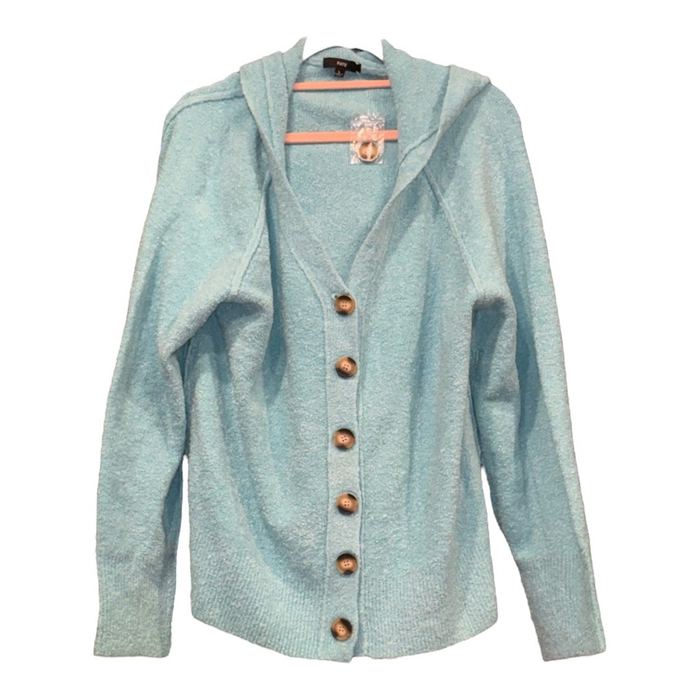 Fate Aqua Blue Button Up V-Neck Hooded Sweater w/wood tone buttons. Size L AR 5 - Picture 2 of 6